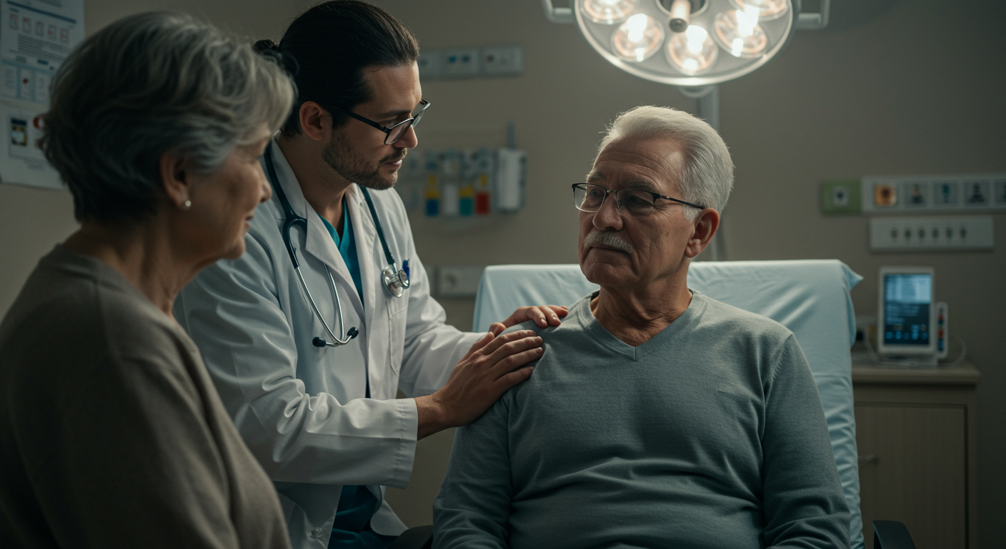 Estadiamento do Câncer_ Compreendendo os Diferentes Sistemas e Sua Aplicação Clínica. O médico está confortando o paciente e o paciente está levemente triste