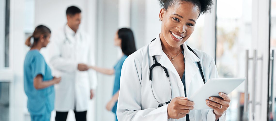 Research, portrait and black woman with tablet for healthcare, medicine and internet information. Schedule, communication and African doctor with technology for medical service, telehealth and email.