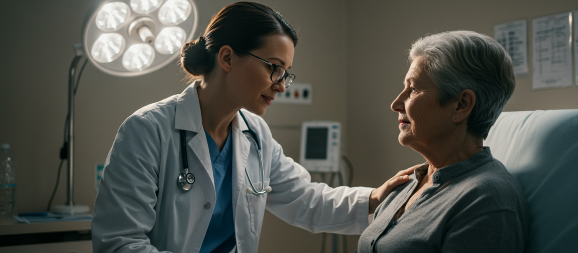 Câncer de Esôfago_ Como o Refluxo Gastroesofágico Crônico Pode Aumentar Seu Risco (1). O médico está confortando o paciente e o paciente está levemente triste