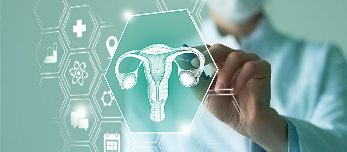 Telemedicine and human Uterus recovery concept. Turquoise color palette, copy space for text.