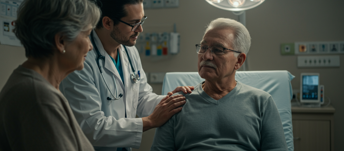 Estadiamento do Câncer_ Compreendendo os Diferentes Sistemas e Sua Aplicação Clínica. O médico está confortando o paciente e o paciente está levemente triste