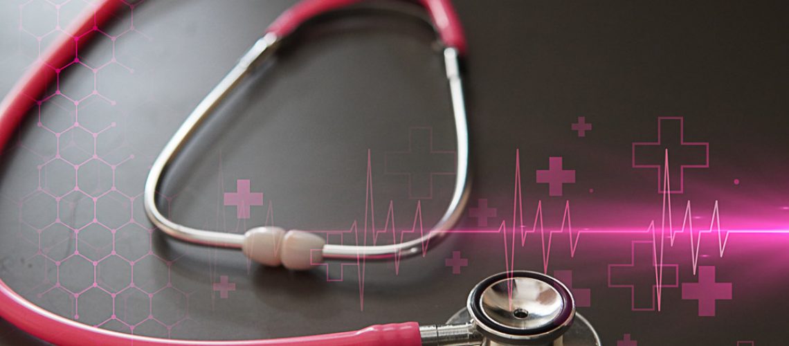 Image of pink stethoscope and heartbeat pulse. medical and healthcare diagnostic concept. Breast cancer awareness, Obstetrician-Gynecologists or OBGYN symbol..